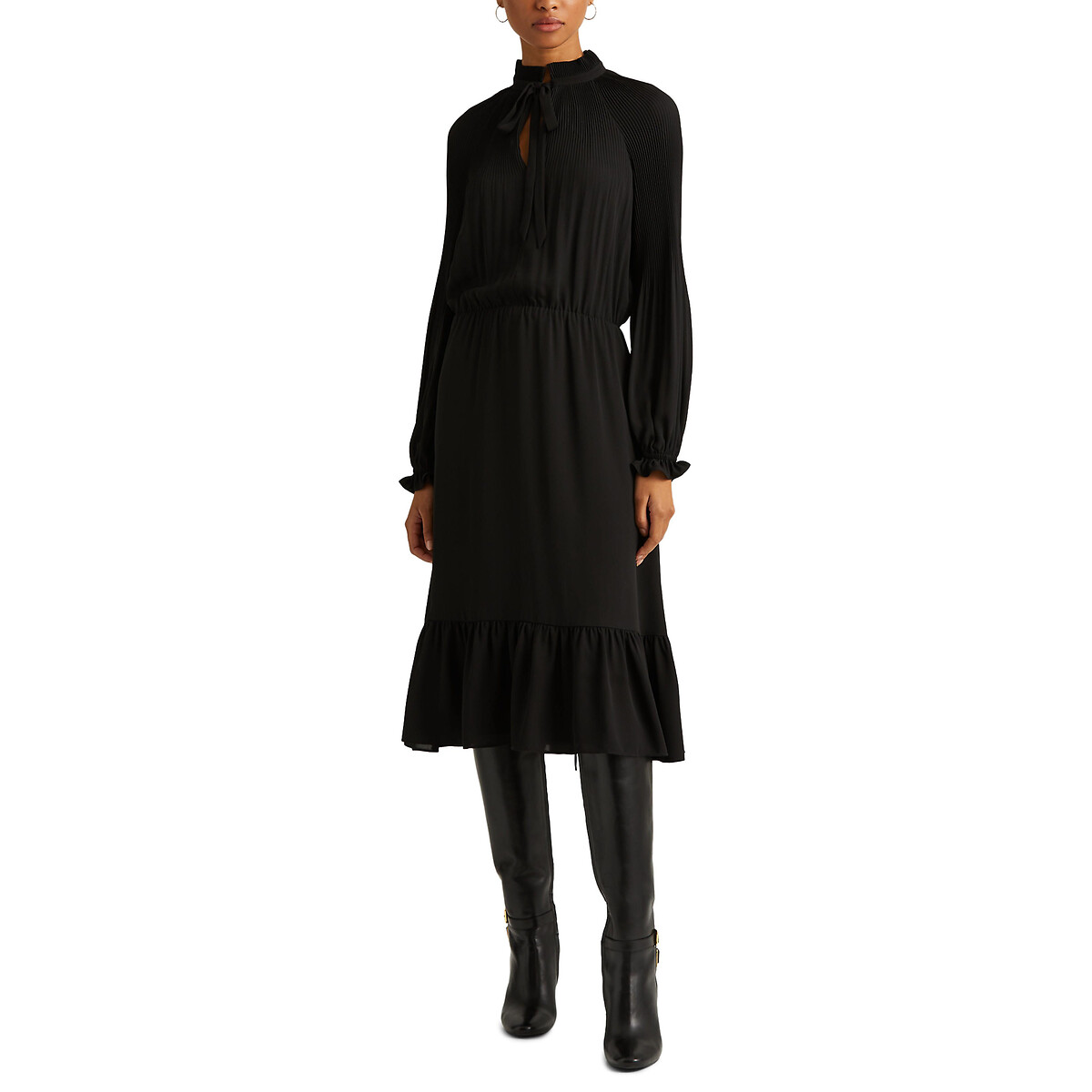 Платье-миди LAUREN RALPH LAUREN Со сборками и воланом длинные рукава L черный, размер L - фото 1