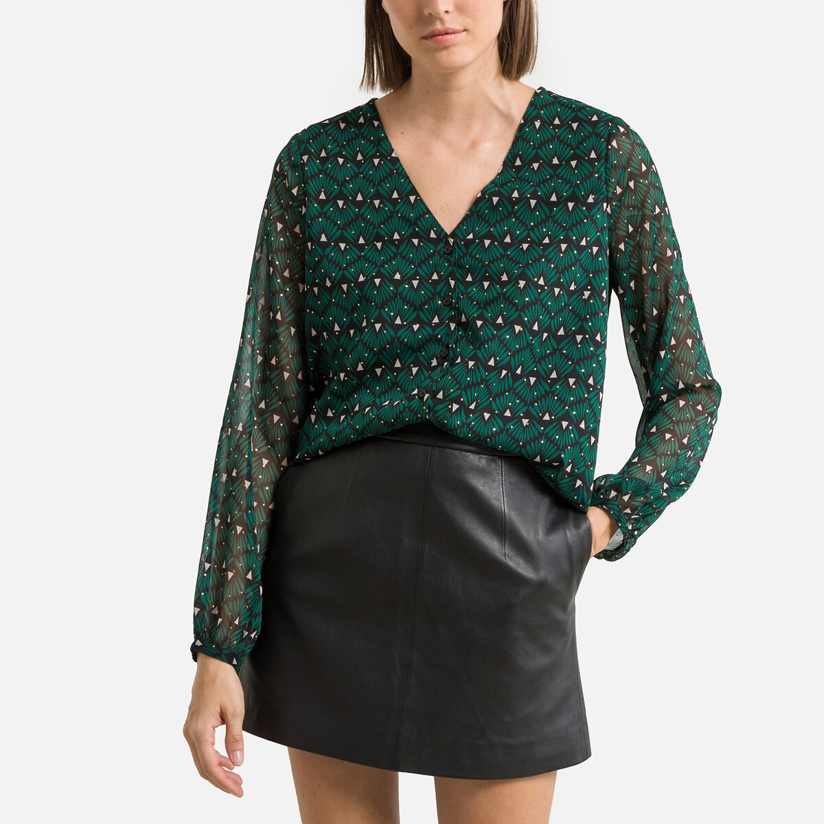 Блузка С принтом и V-образным вырезом L зеленый