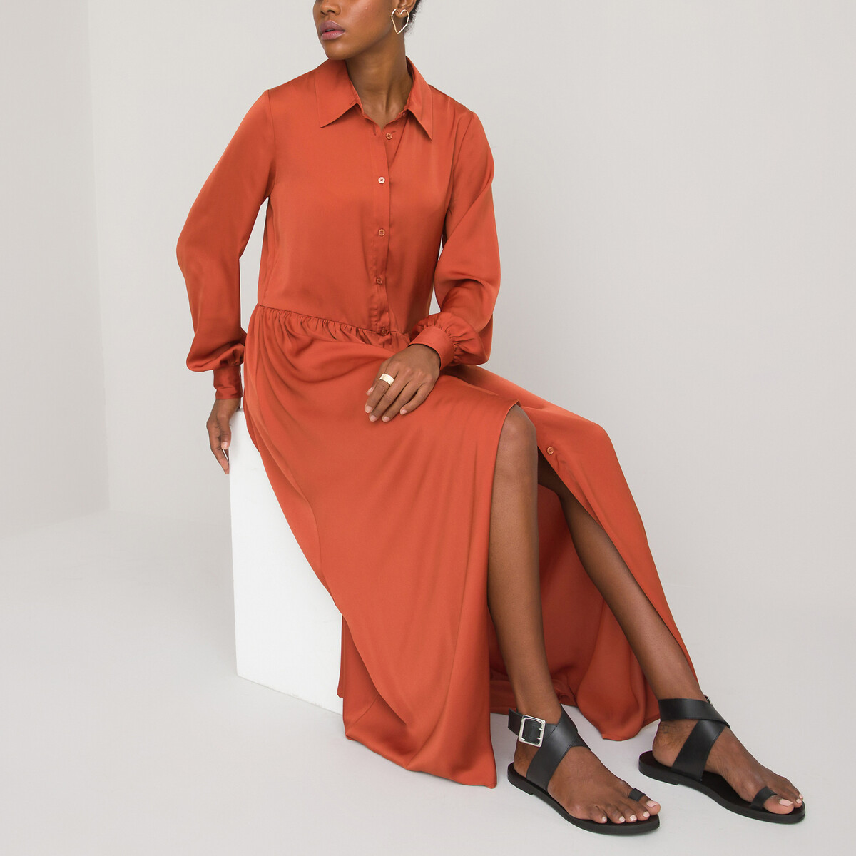 Платье-рубашка LA REDOUTE COLLECTIONS Макси с длинными рукавами 50 оранжевый, размер 50 - фото 1