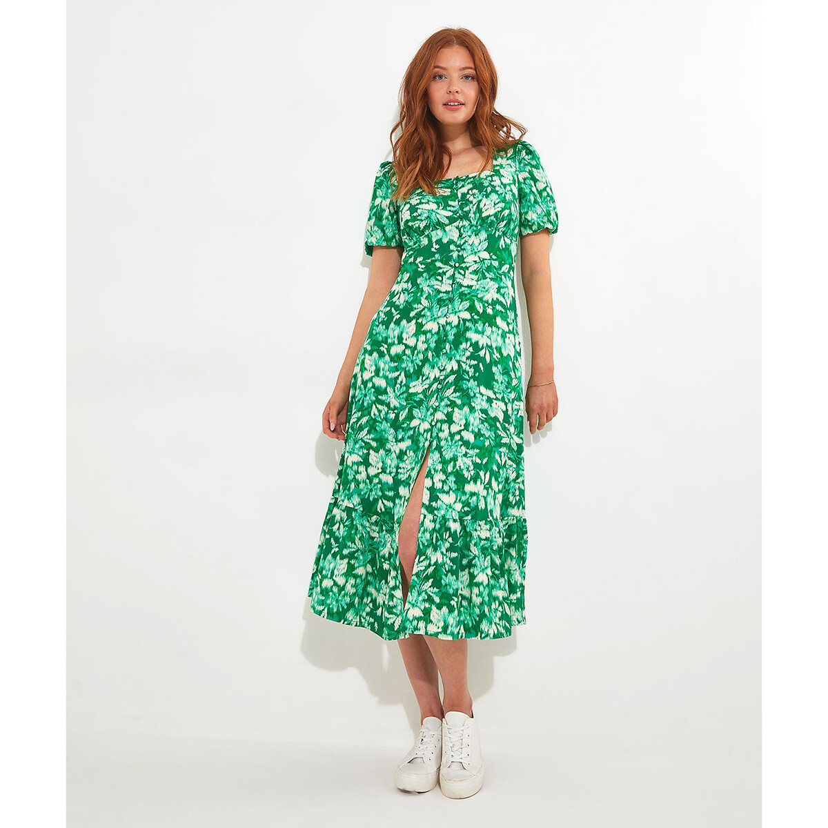 Платье с цветочным принтом и квадратным вырезом 46 зеленый