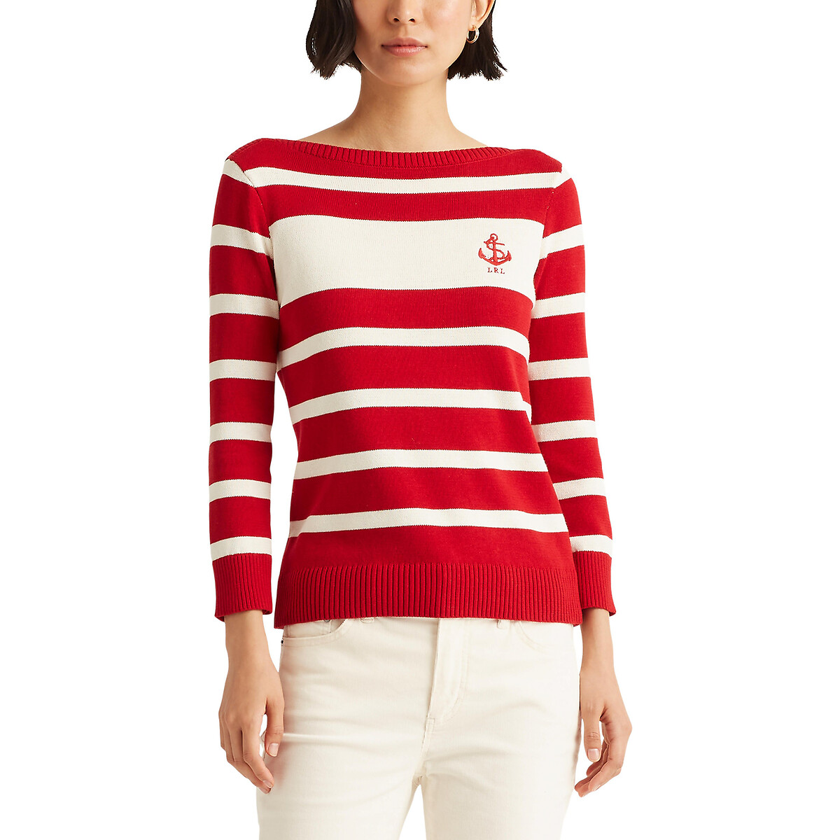 Пуловер LAUREN RALPH LAUREN В полоску с вырезом-лодочка из хлопкового трикотажа стрейч S красный, размер S