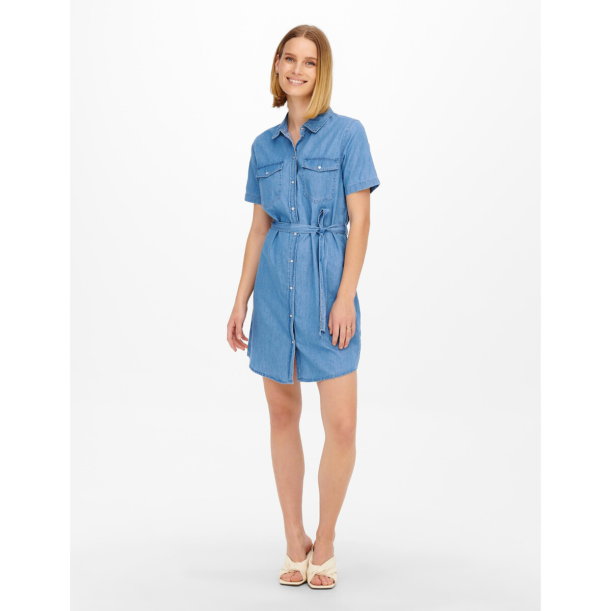 Платье-рубашка Джинсовая короткие рукава 46 синий LaRedoute, размер 46 - фото 4