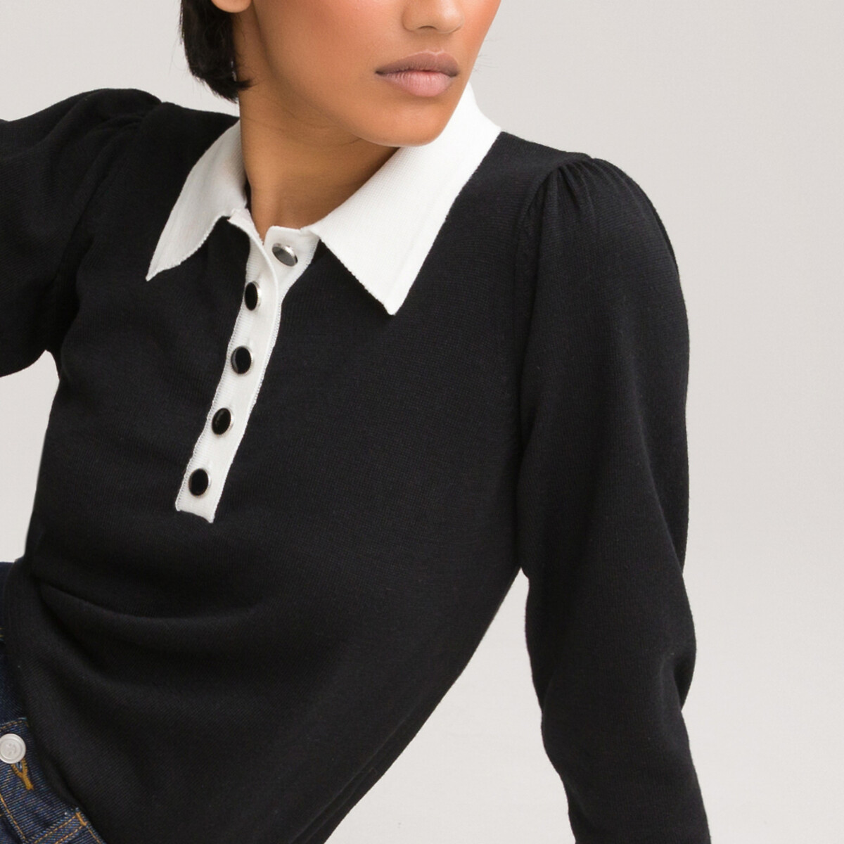 Пуловер LaRedoute С воротником-поло двухцветный декоративные пуговицы M черный, размер M - фото 1