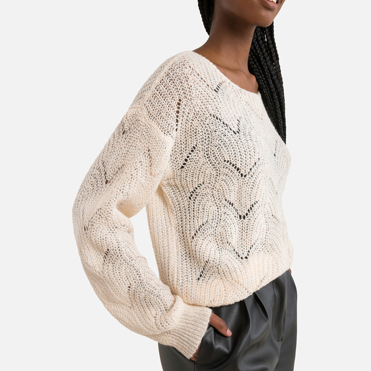 Пуловер С круглым вырезом из ажурного трикотажа S бежевый LaRedoute, размер S - фото 3