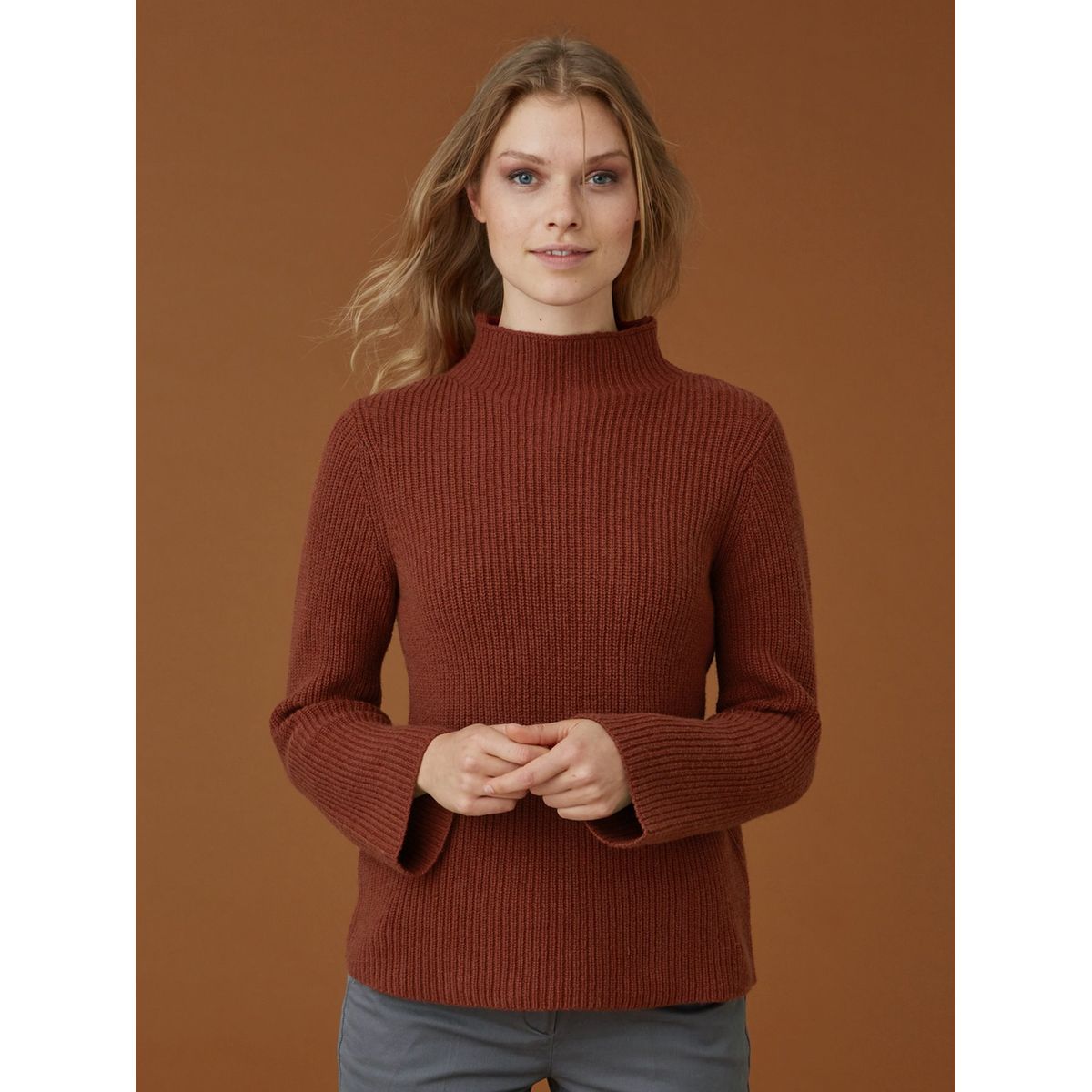 Pull femme col montant coton / laine, MINAGI