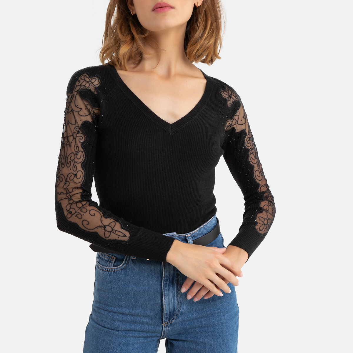 Пуловер La Redoute С прозрачными рукавами и стразами M черный, размер M - фото 1