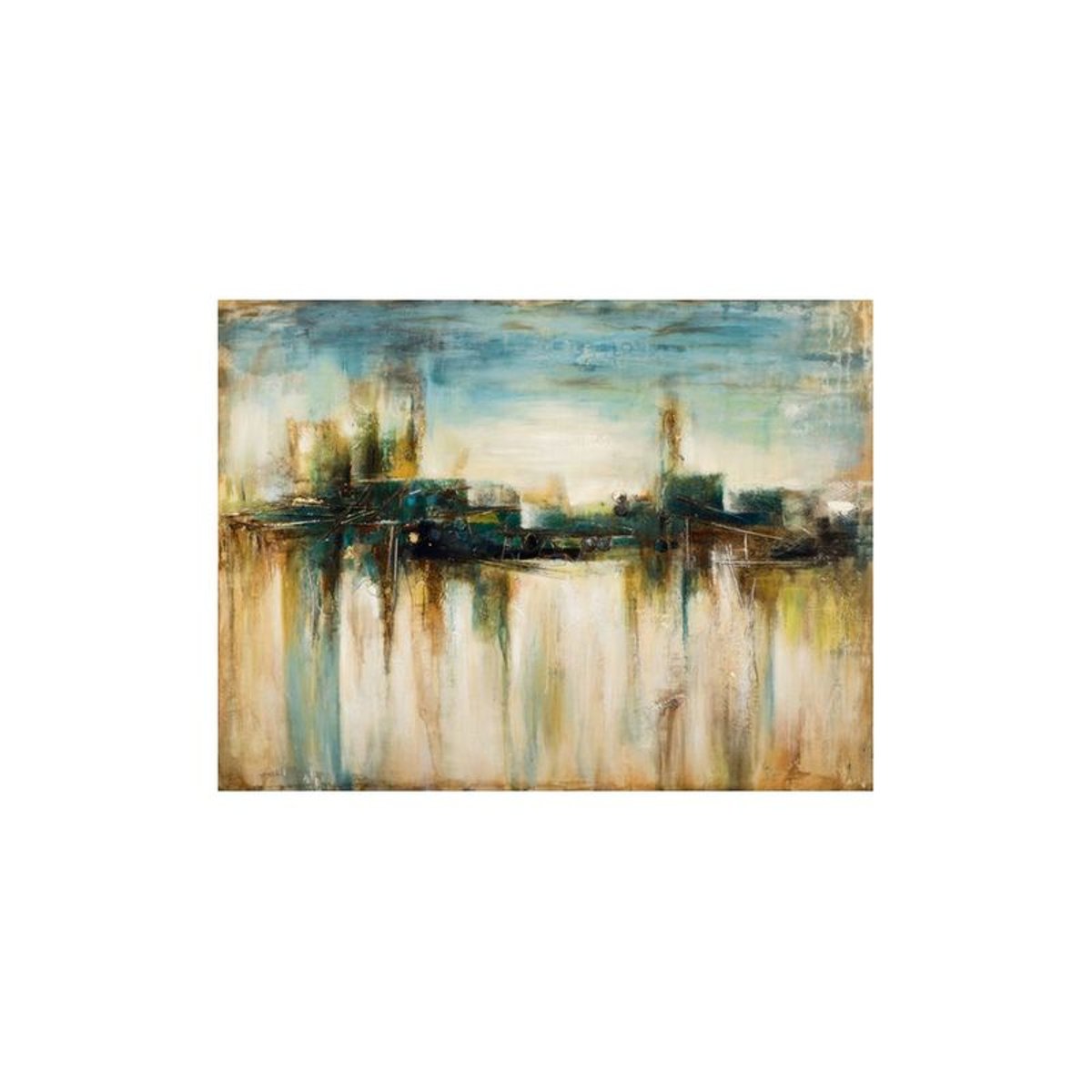 Tableau PAYSAGE Abstrait Paysage Urbain tons beiges, jaunes, verts et bleus 90x120cm