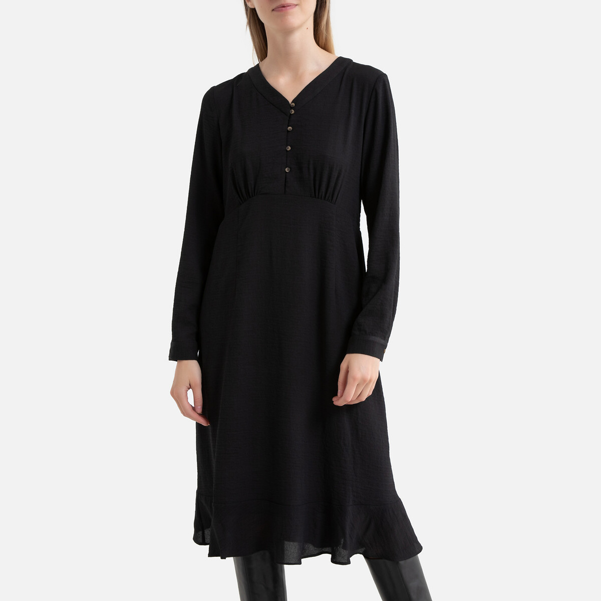 Платье La Redoute Короткое на пуговицах длинные рукава 3(L) черный, размер 3(L) Короткое на пуговицах длинные рукава 3(L) черный - фото 1