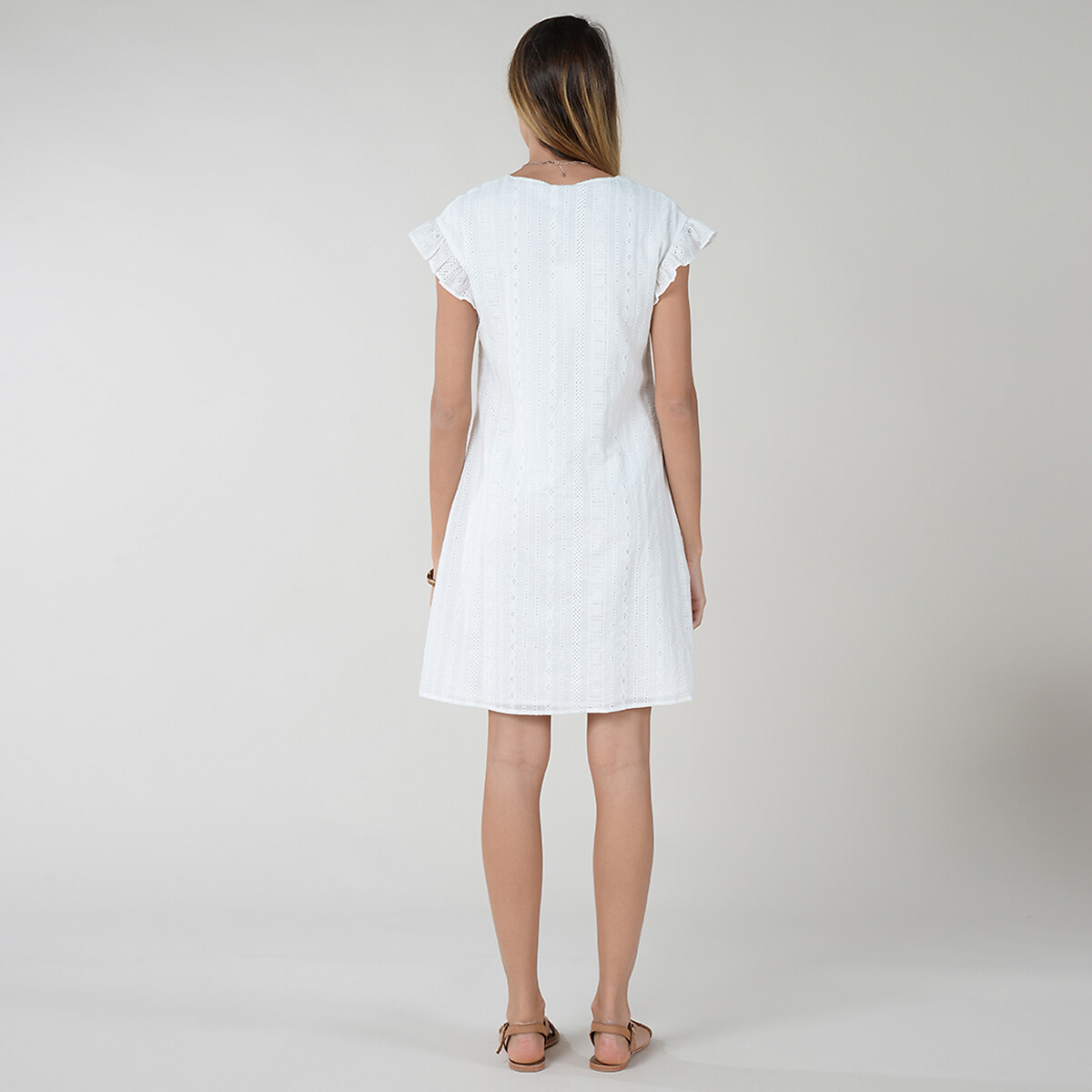 Платье LaRedoute С глубоким V-образным вырезом без рукавов укороченное из хлопка с вышивкой XS белый, размер XS - фото 3