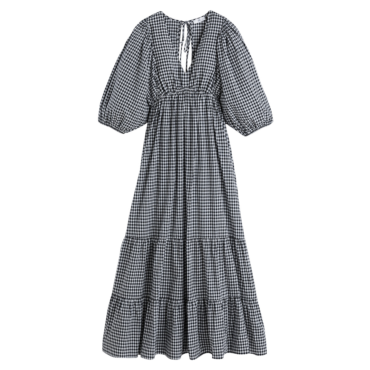 Длинное LA REDOUTE COLLECTIONS Платье с воланами и принтом в мелкую клетку 46 черный, размер 46 - фото 5