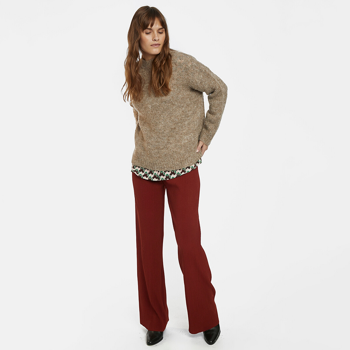 Пуловер La Redoute Из плотного трикотажа с круглым вырезом M бежевый, размер M - фото 4