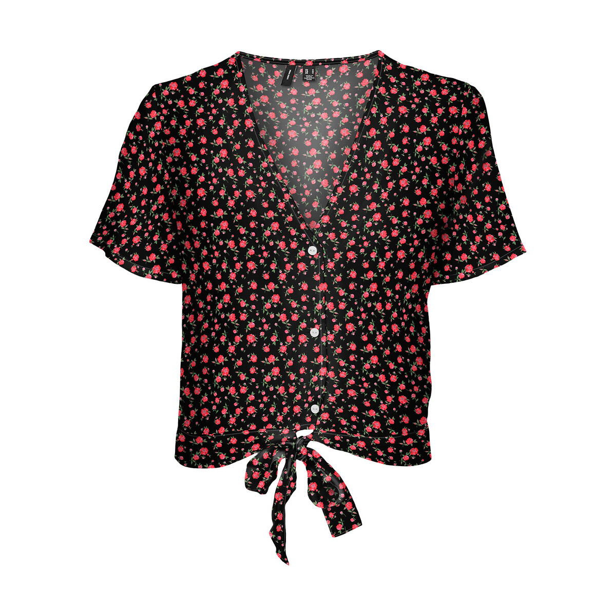 Рубашка Короткая с цветочным принтом и завязками L черный