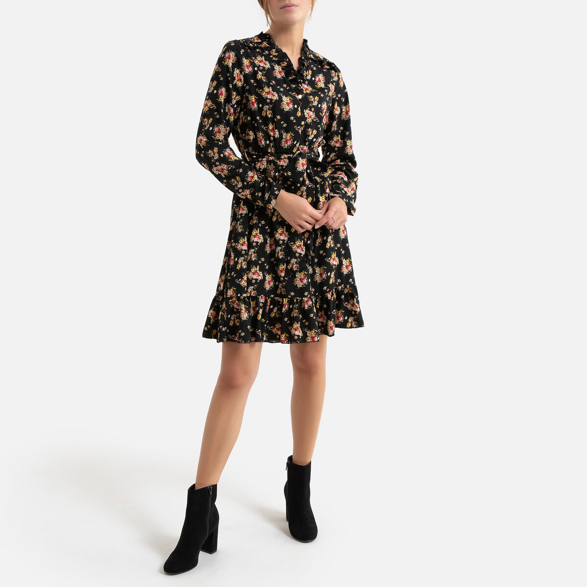 Платье La Redoute С цветочным принтом короткое расклешенное с ремешком и V-образным вырезом L черный, размер L - фото 2