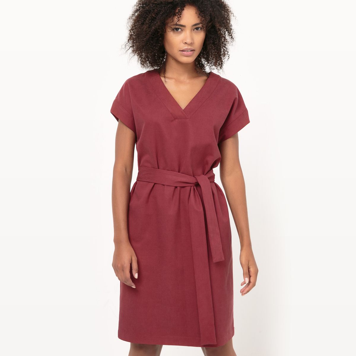 Robe ceinturée, col V, tencel
