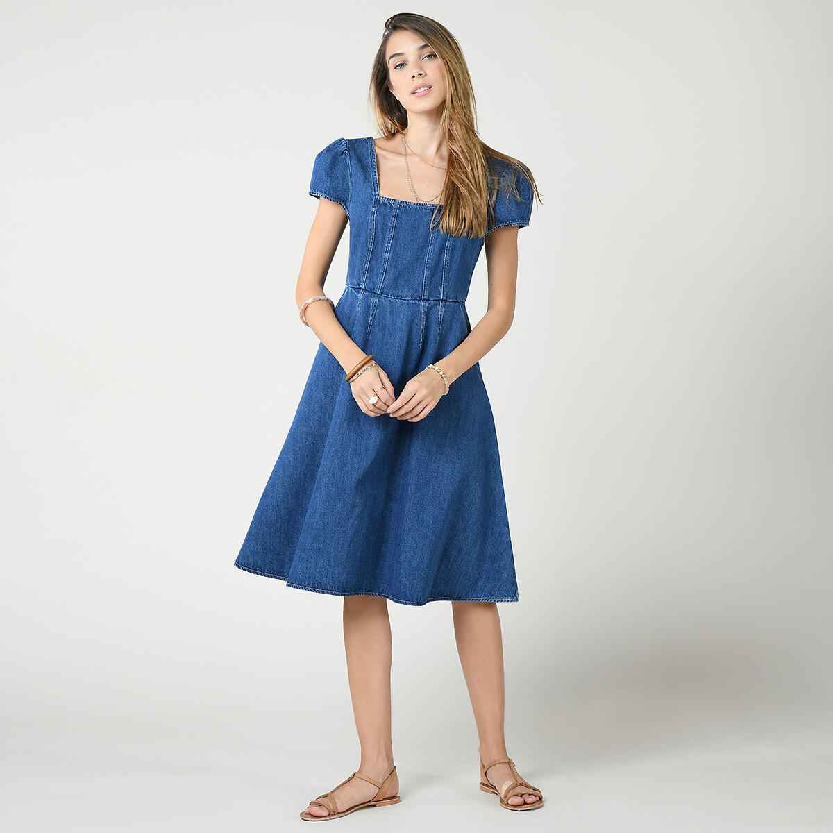 Платье LaRedoute Из денима квадратный вырез открытая спинка XS синий, размер XS - фото 1