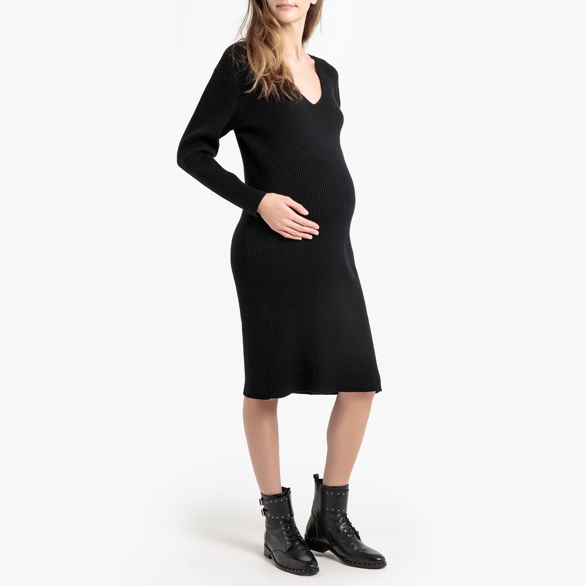 Платье-пуловер La Redoute Для периода беременности с V-образным вырезом в рубчик L черный, размер L - фото 2