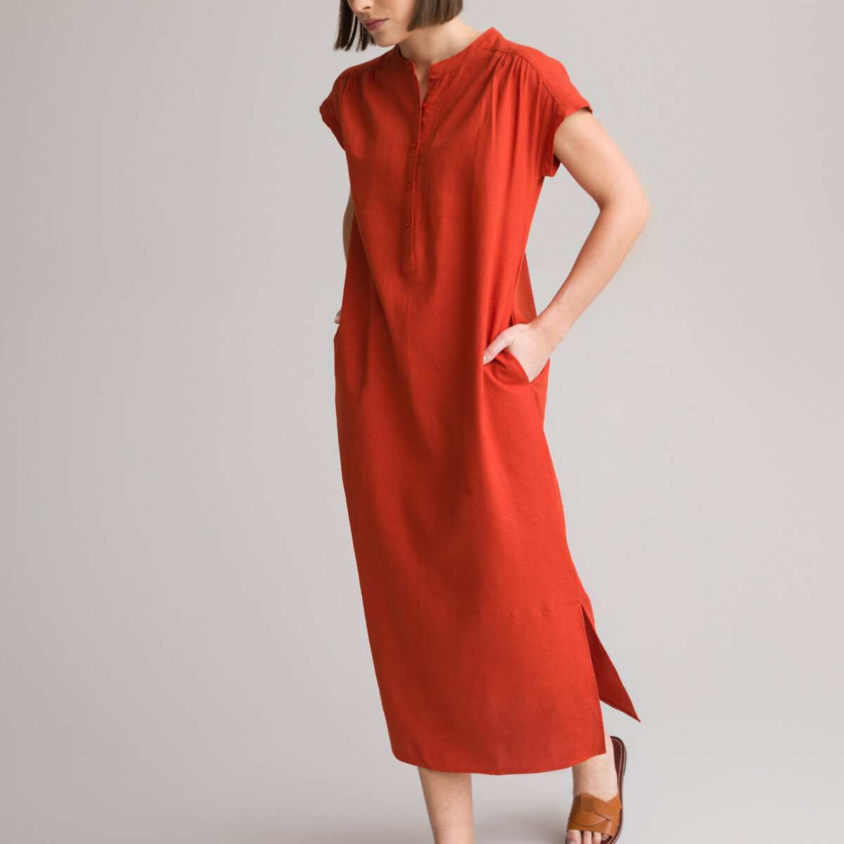 Платье Расклешенное длинное из льняной смесовой ткани 46 красный LaRedoute, размер 46 - фото 2
