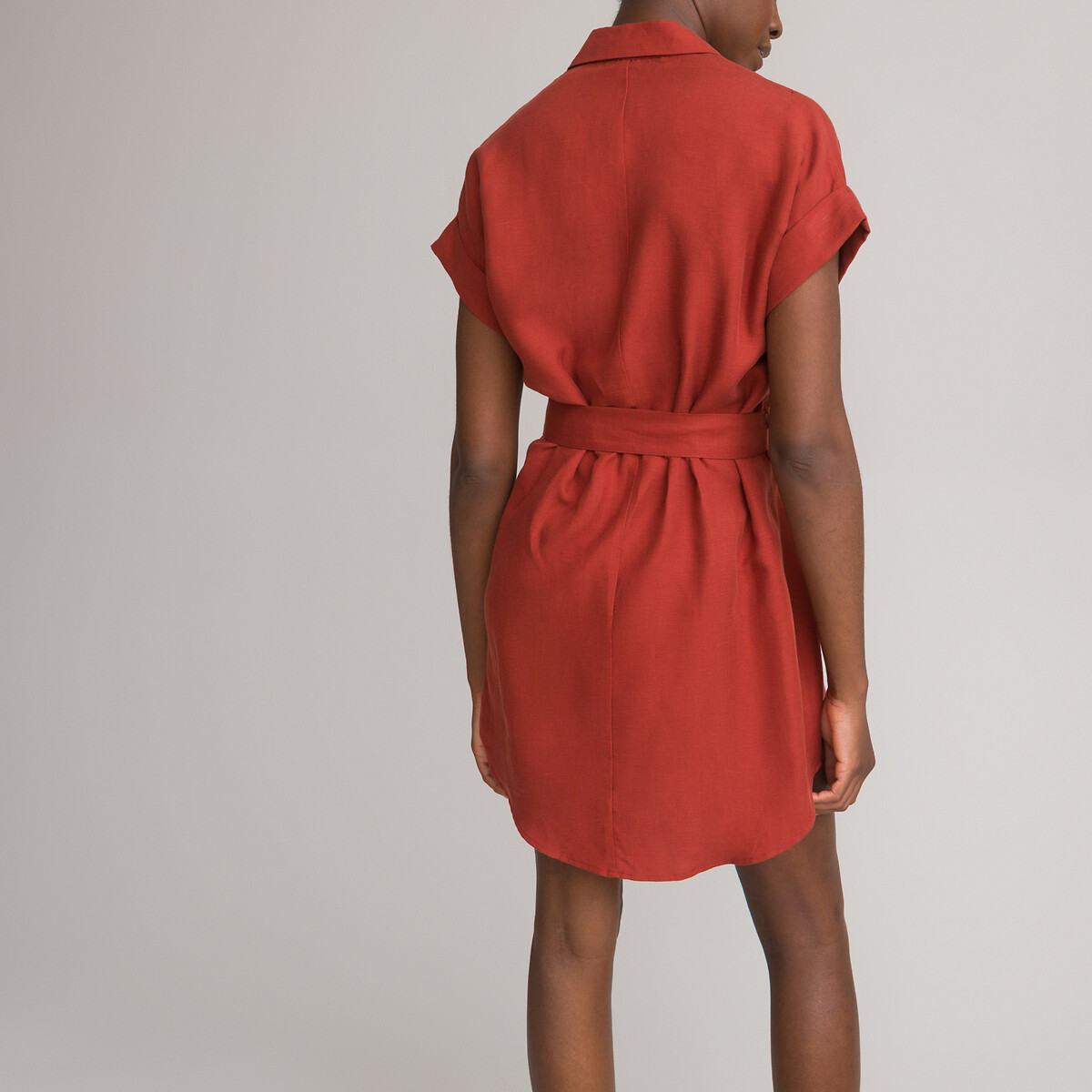Короткое Платье-рубашка смесь лиоцелла и льна 40 красный LaRedoute, размер 40 - фото 4