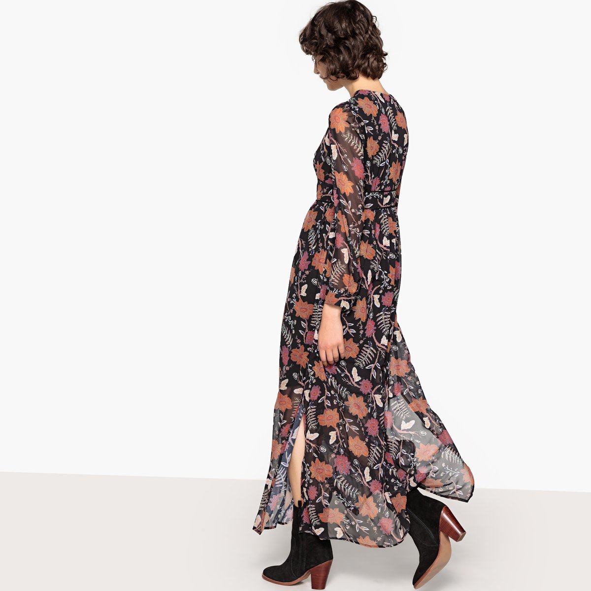 Платье La Redoute Длинное с цветочным рисунком V-образным вырезом и длинными рукавами XS черный, размер XS - фото 3