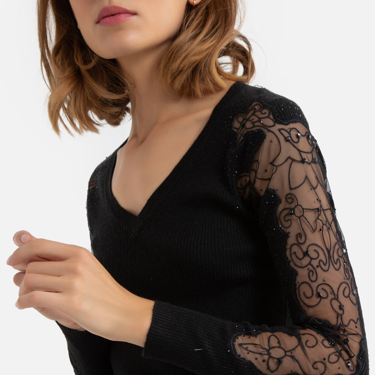 Пуловер La Redoute С прозрачными рукавами и стразами L черный, размер L - фото 3