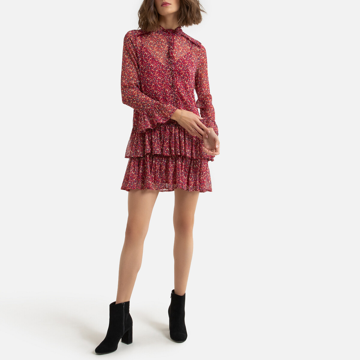 Платье LaRedoute Короткое с цветочным принтом вставка воланов XS красный, размер XS - фото 2