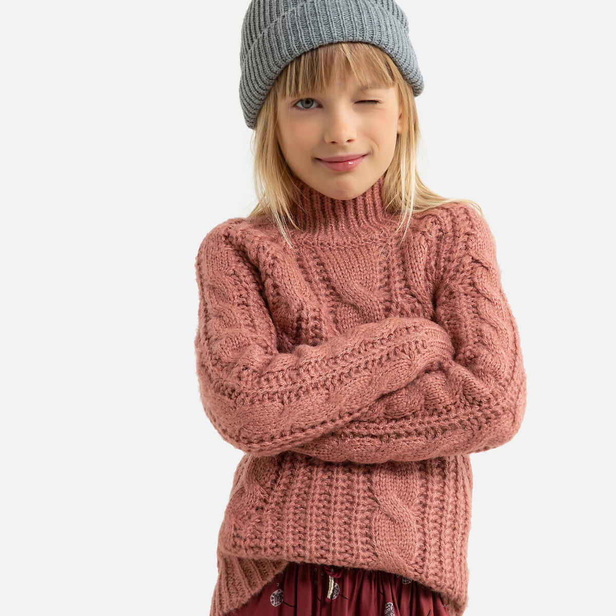 Пуловер LaRedoute С воротником-стойкой плетеный 3-12 лет 4 года - 102 см розовый, размер 4 года - 102 см