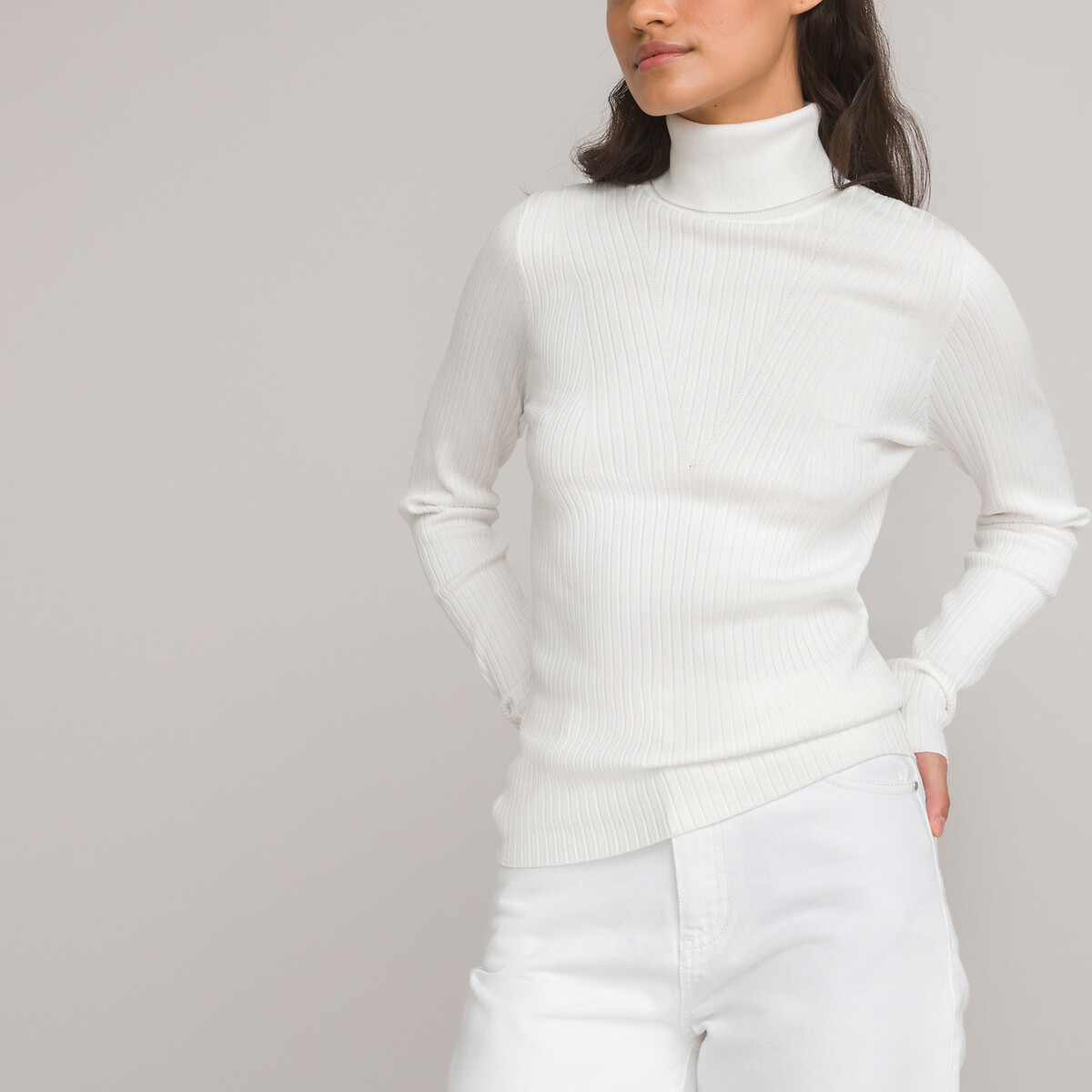 Пуловер Базовый с высоким воротником рифленый трикотаж XS белый LaRedoute, размер XS - фото 3