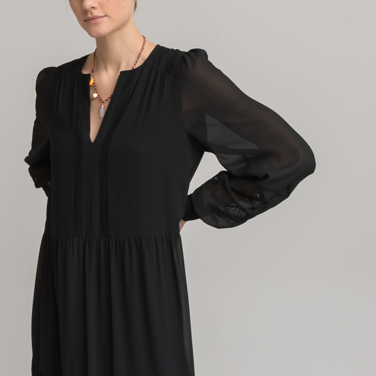 Платье-макси LA REDOUTE COLLECTIONS Из вуали круглый вырез длинные рукава 44 черный, размер 44 - фото 2