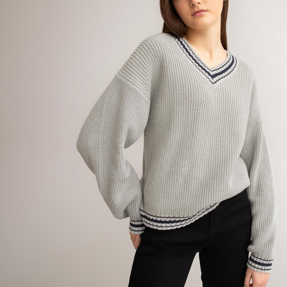 Пуловер LaRedoute С V-образным вырезом из плотного трикотажа 10-18 лет 12 лет -150 см серый, размер 12 лет -150 см