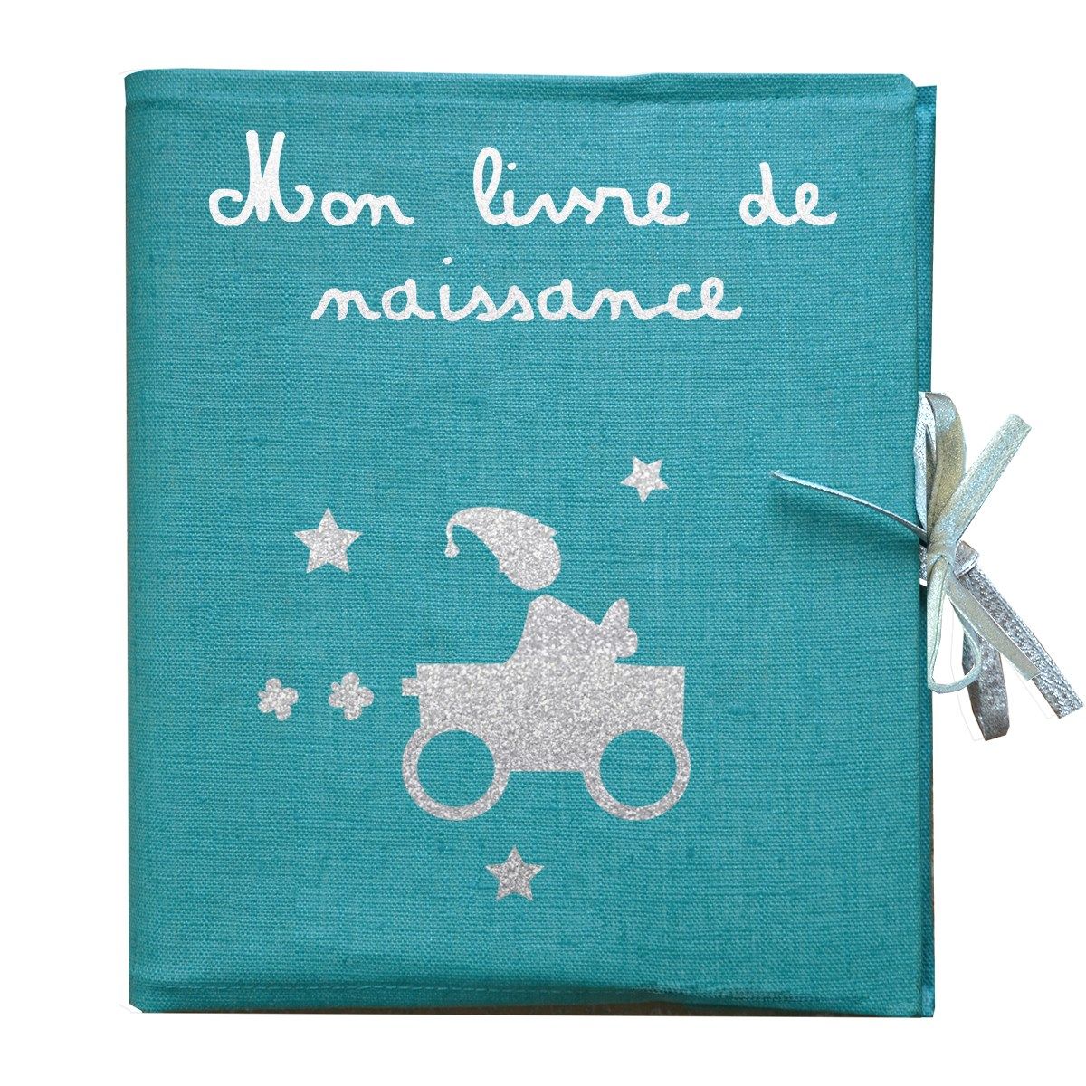Livre de naissance en lin enduit bleu motif garçon et voiture