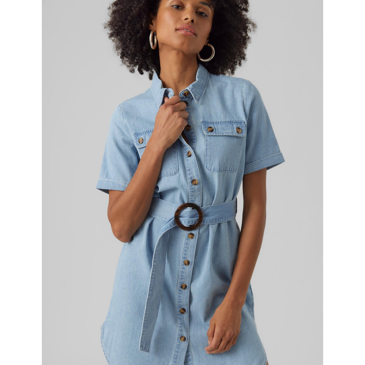 Платье-рубашка Прямое с поясом S синий LaRedoute, размер S - фото 2