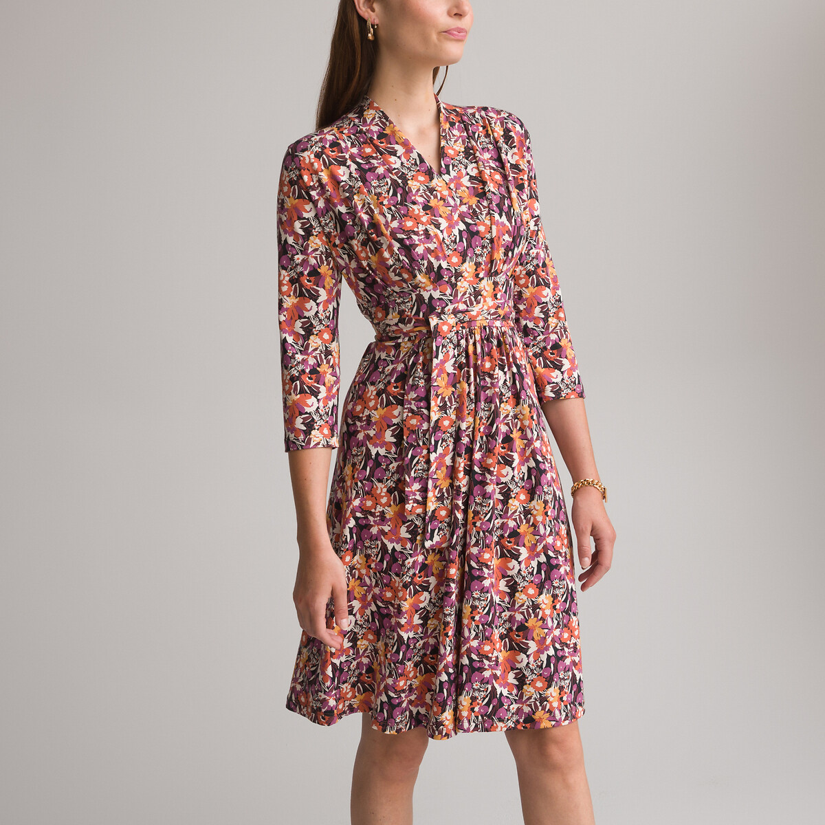 Платье-миди Расклешенное с принтом и рукавами 34 42 фиолетовый LaRedoute, размер 42 - фото 1