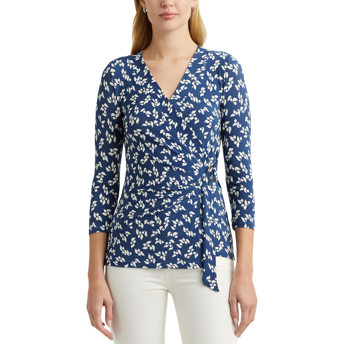 Блузка с запахом принтом и рукавами 34 JAINAB XL синий блузка с цветочным принтом и v образным вырезом xs зеленый