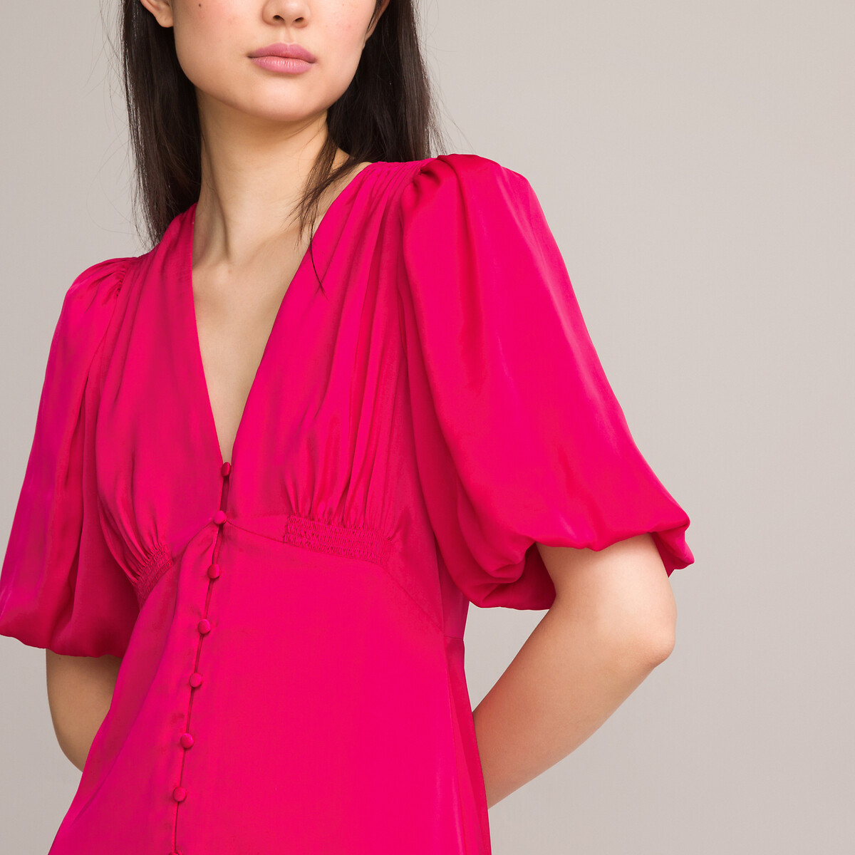 Платье Длинное расклешенное короткие рукава с напуском 40 розовый LaRedoute, размер 40 - фото 3