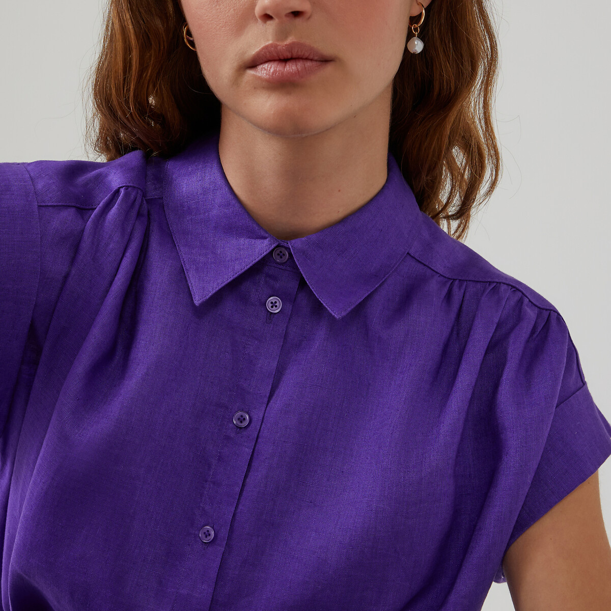 Рубашка изо льна с короткими рукавами  XS фиолетовый LaRedoute, размер XS - фото 3