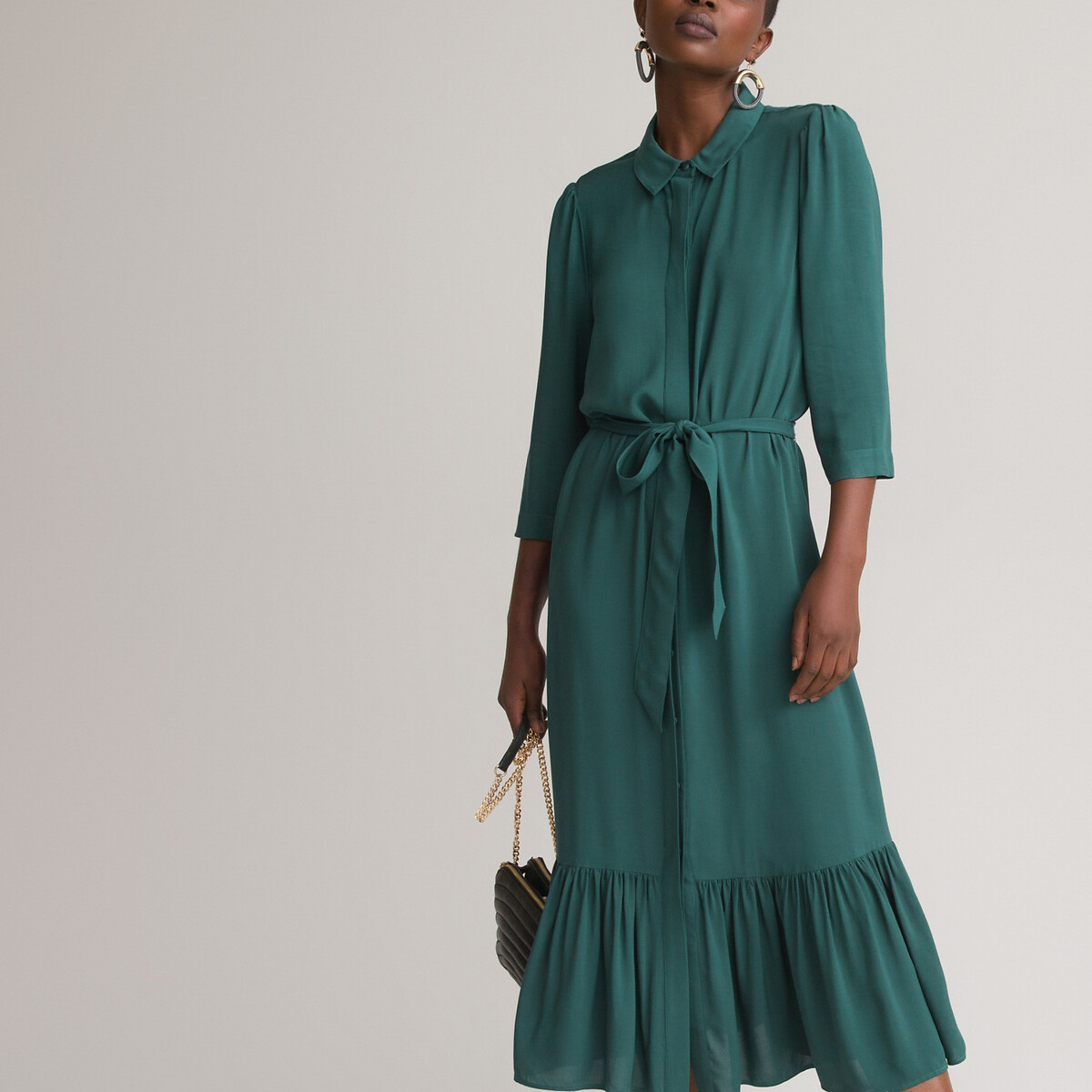 Платье-рубашка LA REDOUTE COLLECTIONS Длинное низ с воланом 50 зеленый, размер 50 - фото 1