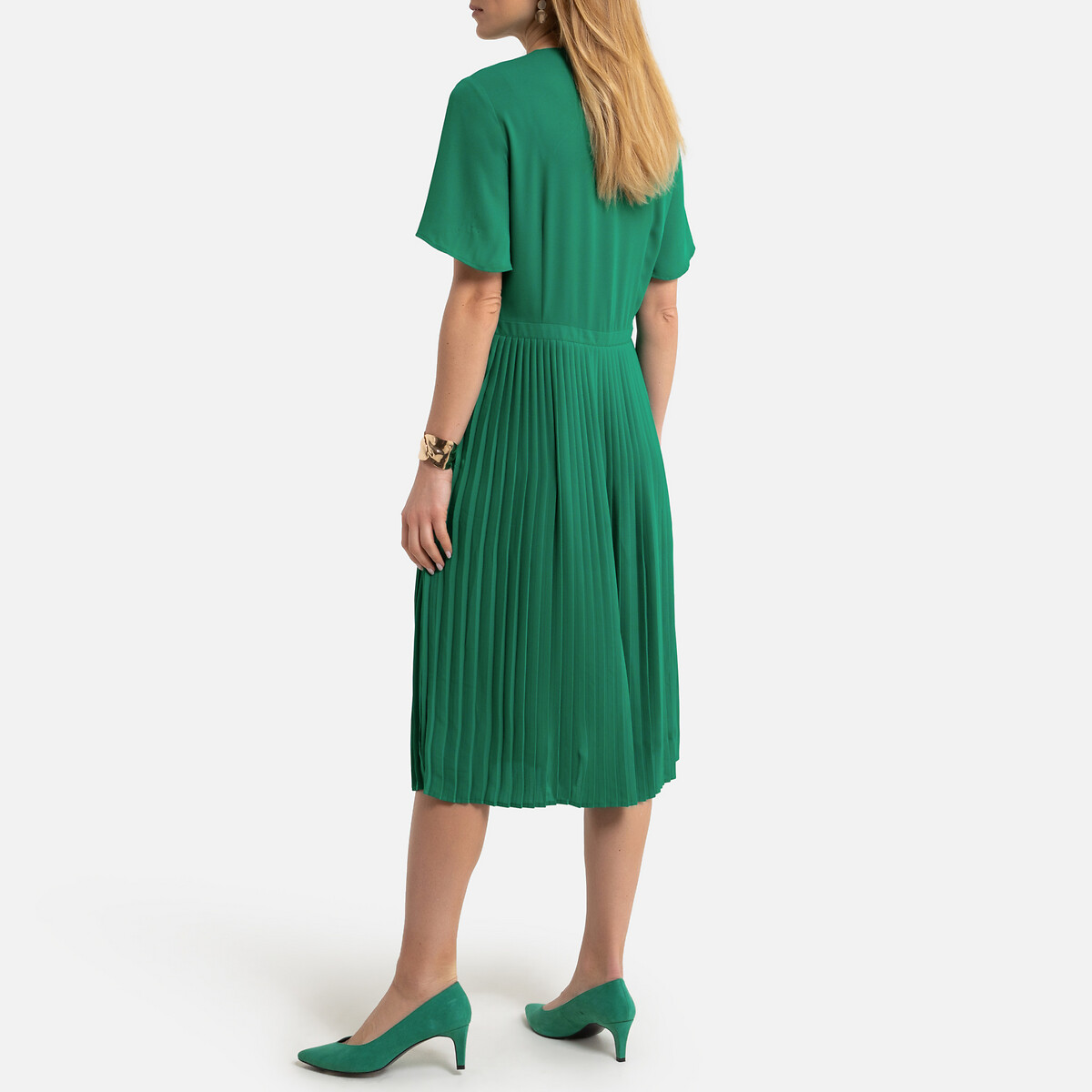 Платье-миди LaRedoute Плиссированное с короткими рукавами 38 (FR) - 44 (RUS) зеленый, размер 38 (FR) - 44 (RUS) Плиссированное с короткими рукавами 38 (FR) - 44 (RUS) зеленый - фото 4