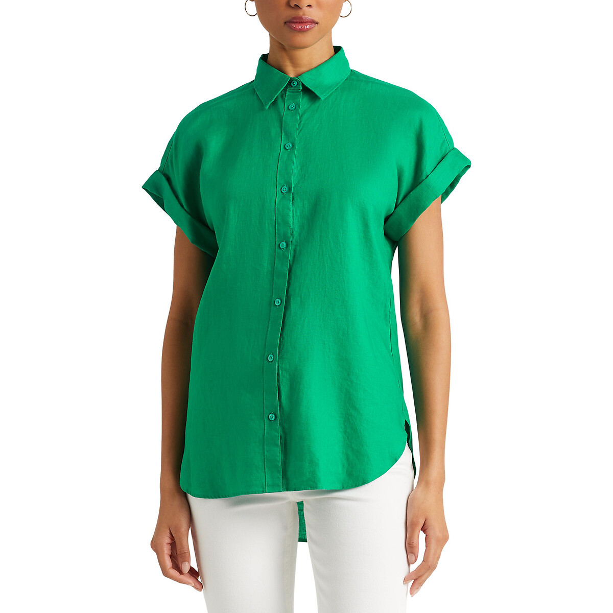 Рубашка Из льна с короткими рукавами M зеленый