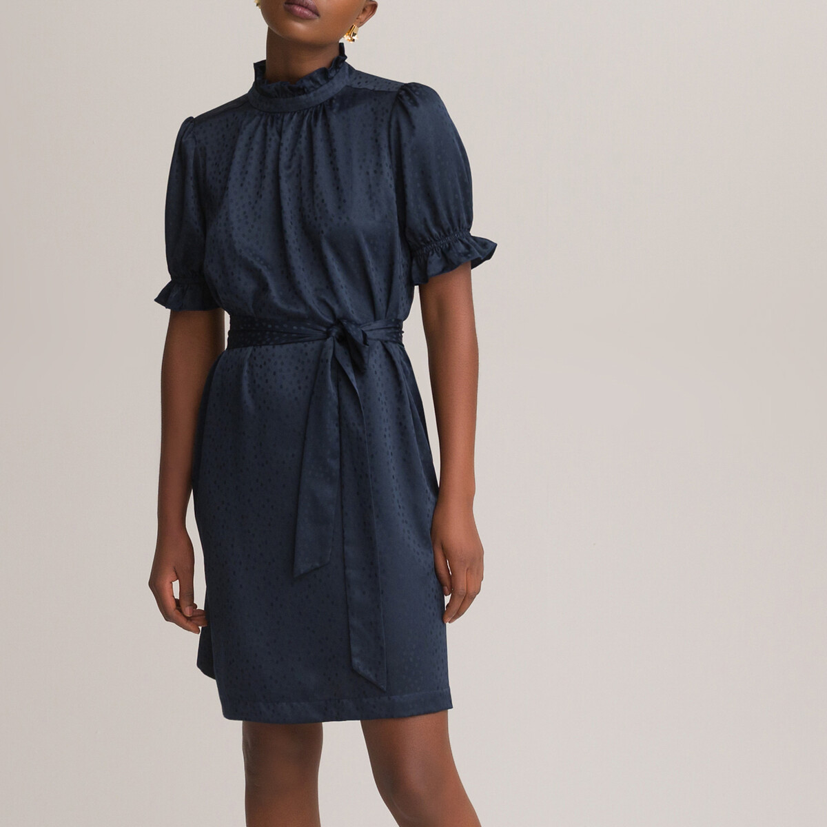 Платье LaRedoute Короткое воротник-стойка с воланом 50 синий, размер 50 - фото 1