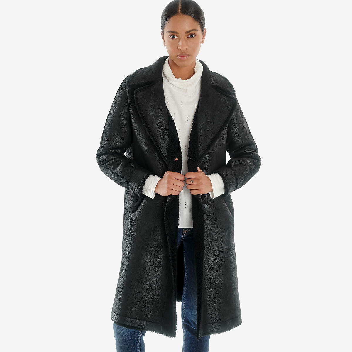 Пальто La Redoute Длинное двустороннее из искусственного меха M черный, размер M - фото 4