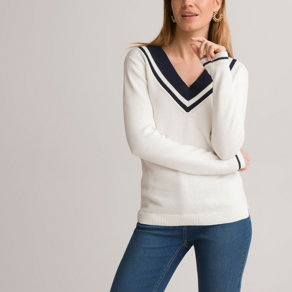 Пуловер Из хлопка с V-образным вырезом 46/48 (FR) - 52/54 (RUS) белый