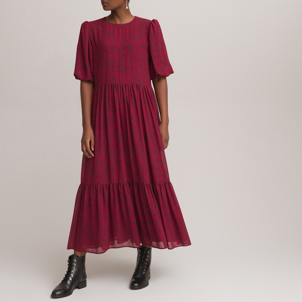 Платье LaRedoute Длинное с воланами круглый вырез короткие рукава 44 красный, размер 44 - фото 1