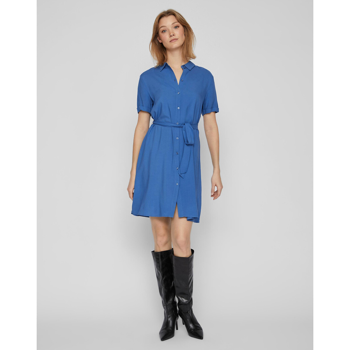 Платье-рубашка Короткие рукава с завязками 46 синий LaRedoute, размер 46 - фото 1
