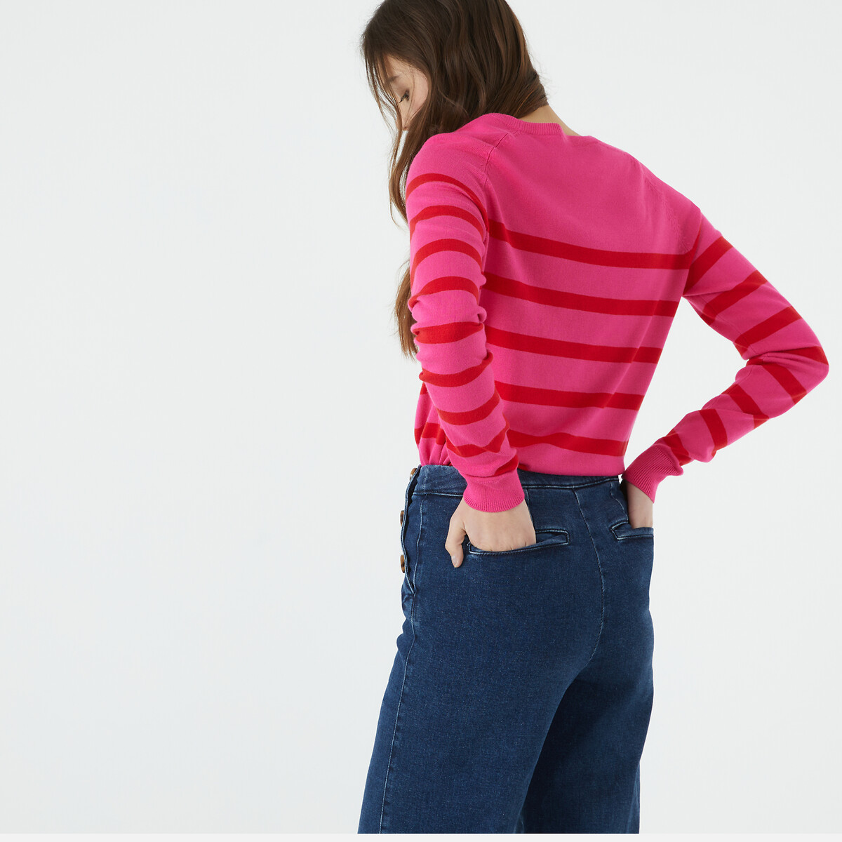 Пуловер базовый с круглым вырезом длинными рукавами принтом в полоску  M розовый LaRedoute, размер M - фото 4