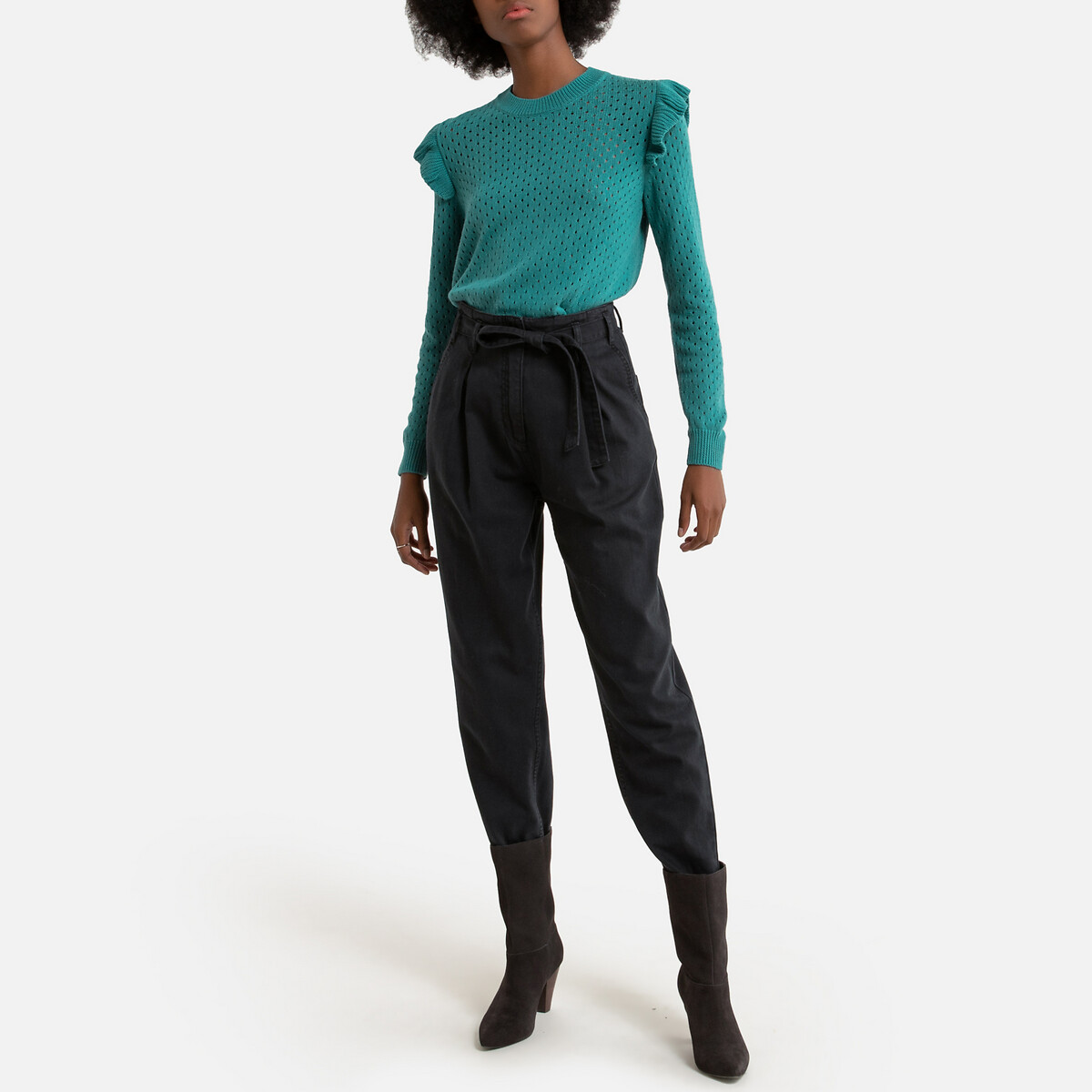 Пуловер La Redoute С приспущенными плечами из тонкого ажурного трикотажа L зеленый, размер L - фото 2