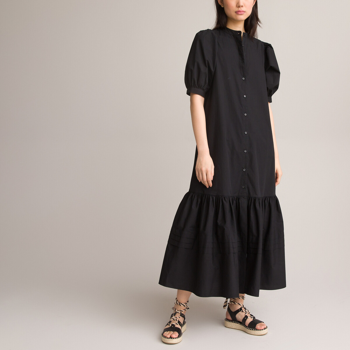 Платье С круглым вырезом и короткими рукавами с напуском низ с воланом 48 черный LaRedoute, размер 48 - фото 1