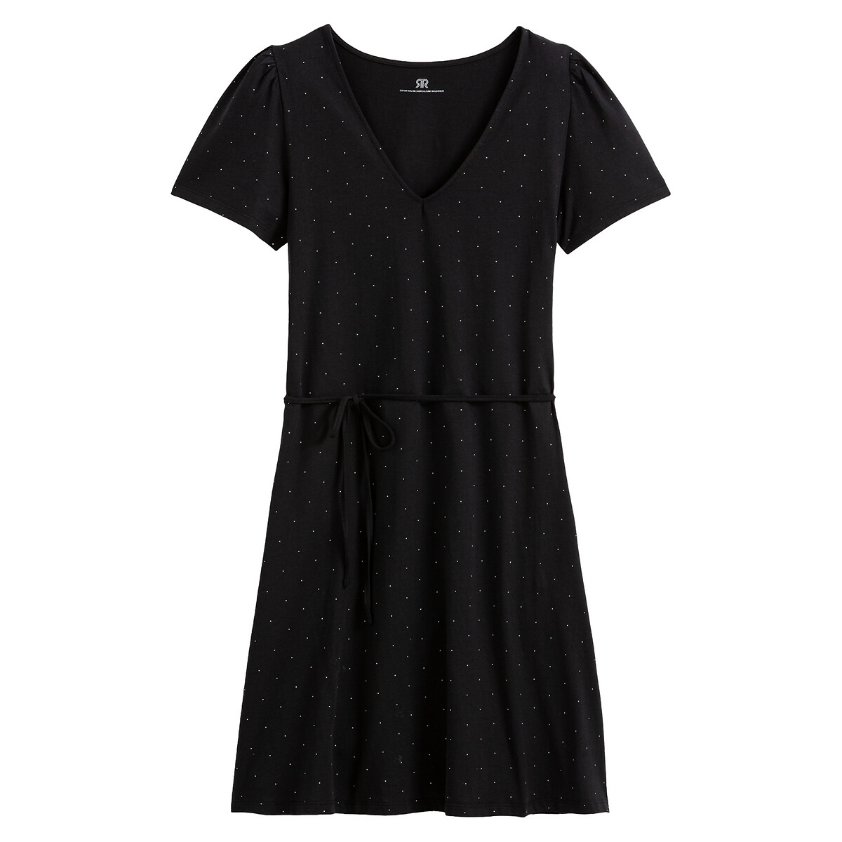 Платье La Redoute Прямое с v-образным вырезом принт в горошек укороченное XS черный, размер XS - фото 5