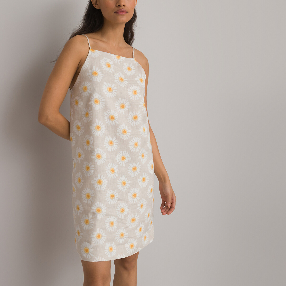 Платье Короткое на тонких бретелях из льна с цветочным принтом 40 бежевый LaRedoute, размер 40 - фото 2
