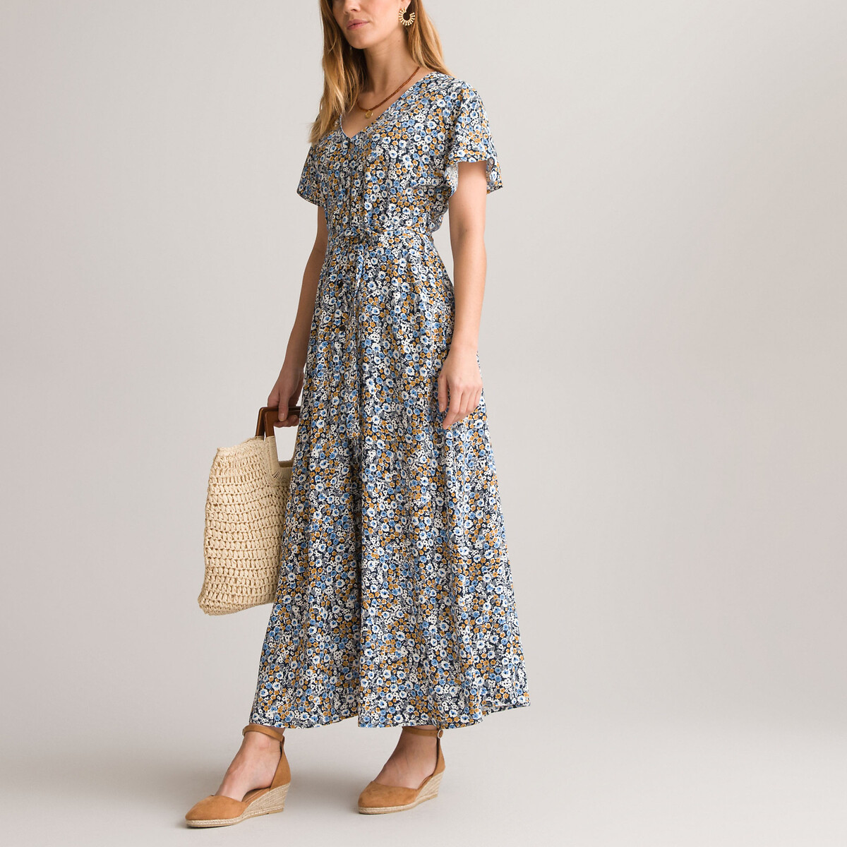 Платье Длинное расклешенное с цветочным принтом 54 синий LaRedoute, размер 54 - фото 2