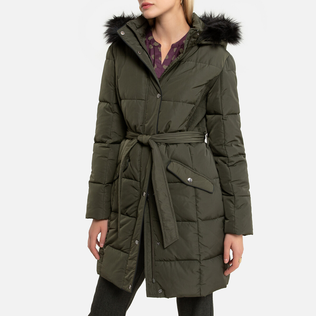 Куртка LaRedoute Стеганая средней длины с капюшоном зимняя модель 40 (FR) - 46 (RUS) зеленый, размер 40 (FR) - 46 (RUS) Стеганая средней длины с капюшоном зимняя модель 40 (FR) - 46 (RUS) зеленый - фото 1